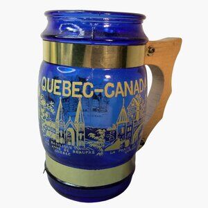 Quebec Canada Souvenir Cobalt Blue Glass Mug Wooden Handle Vintage